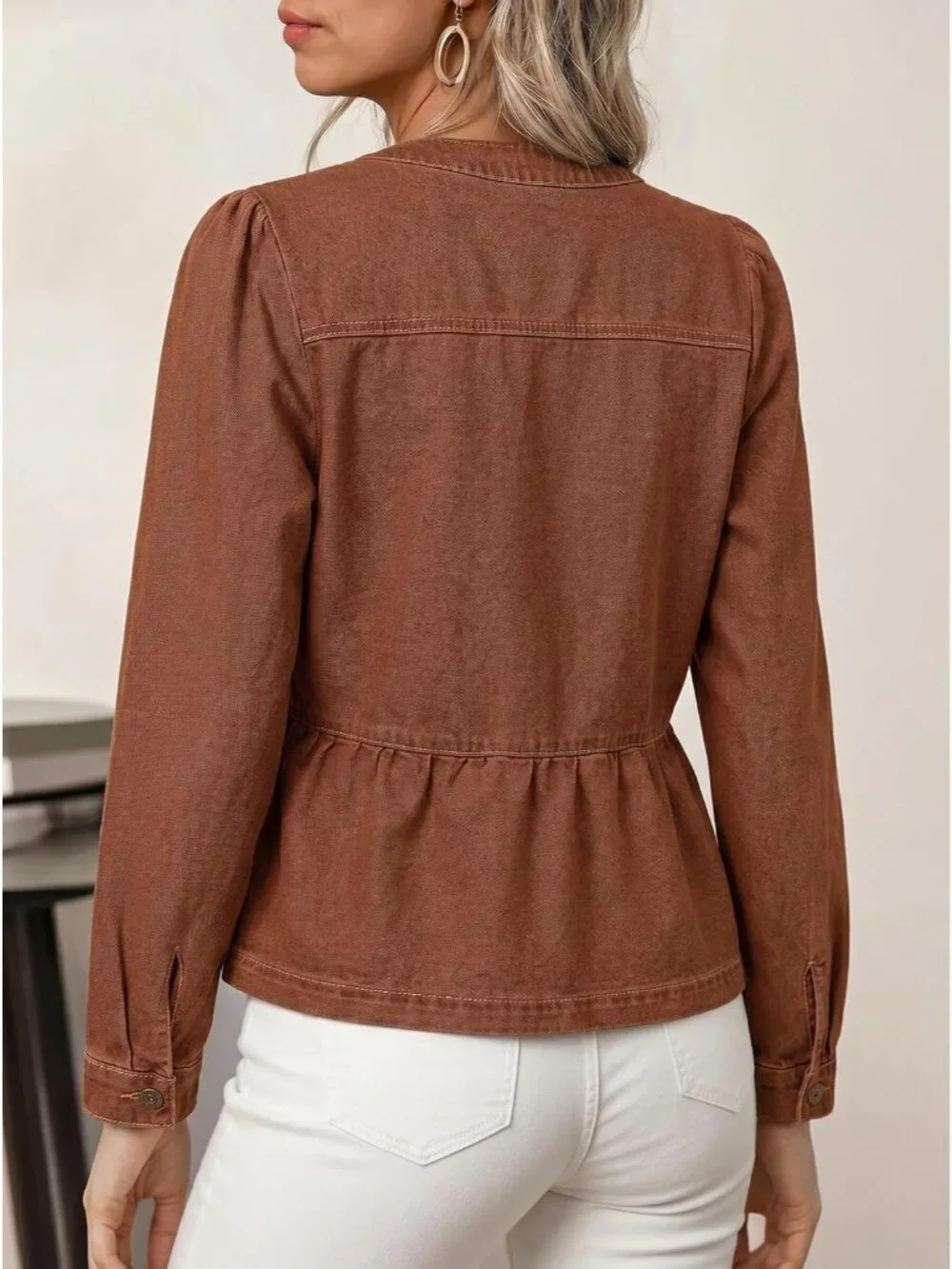 Women's Brown Button Down Long Sleeve Collarless Cinched Waist Denim Jackets